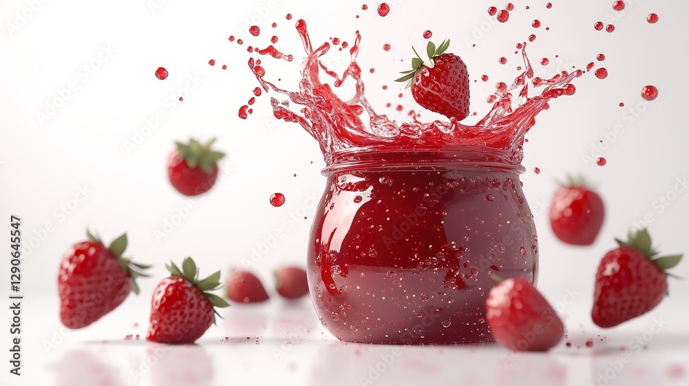 A jar of strawberry jam with splashes and flying strawberries, isolated on a white background. A jar of strawberry jam with splashes and flying strawberries, isolated on a white background.