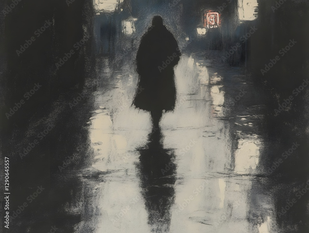 A solitary figure in a long coat walks through a rainy urban alley illuminated by neon lights