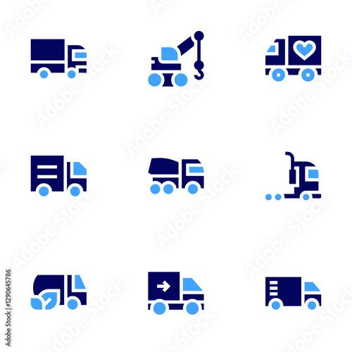 Truck icon set Bold style Duotone colors. tow truck, automobile, truck, cement truck, delivery truck, semi truck, refuelling truck