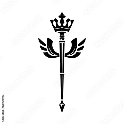 Black and white silhouette of a crown topped scepter with wings.