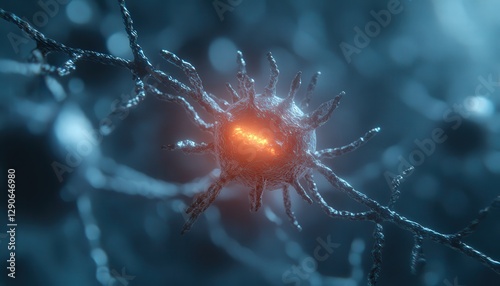 Glowing Neuron Cell Microscopic View Intricate Network in Dark Blue photo