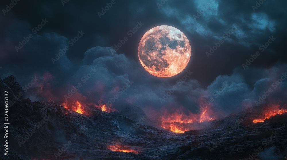 A mystical full moon hangs over a craggy, ember-lit terrain, with dark swirling clouds adding depth to the eerie atmosphere. A mystical full moon hangs over a craggy, ember-lit terrain, with dark swirling clouds adding depth to the eerie atmosphere.