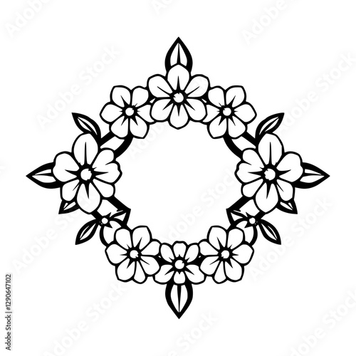 Black and white floral illustration of a floral wreath-shaped arrangement of flowers and leaves, set on a white background, with a minimalist design.