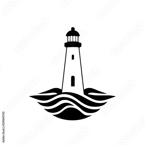 Lighthouse rising from waves, a minimalist, black and white illustration of a lighthouse rising from the sea, set against a white background.