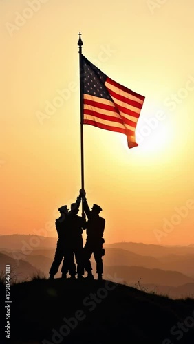 Four soldiers raising American flag at sunset, patriotism and camaraderie silhouette