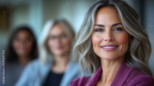 Confident Mature Woman with Colleagues in Blurred Background