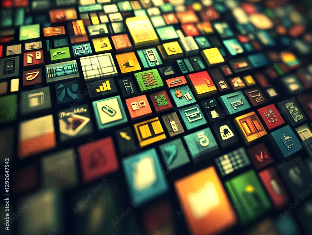 A vibrant array of colorful app icons displayed in a grid, showcasing technology and design A vibrant array of colorful app icons displayed in a grid, showcasing technology and design