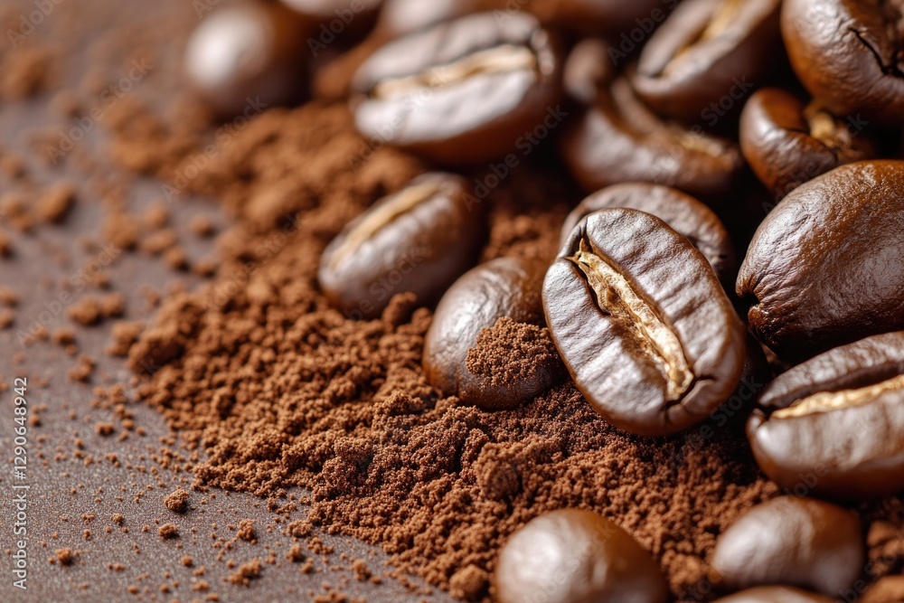 Rich coffee beans scattered atop fine coffee grounds, showcasing Rich coffee beans scattered atop fine coffee grounds, showcasing