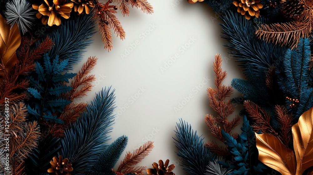 Naklejka premium Festive Christmas Border Blue Gold Copper Greenery