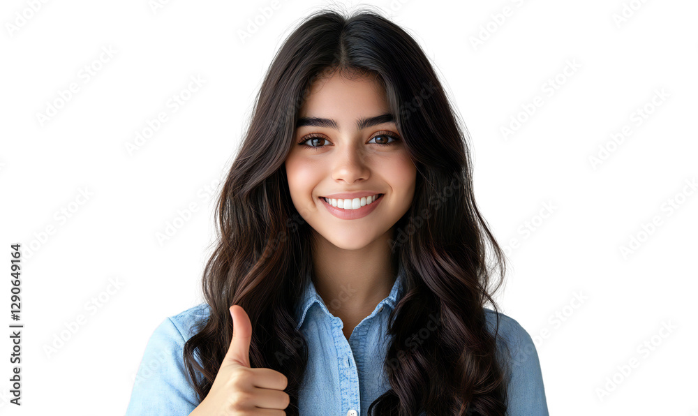 Young woman with long wavy hair smiling and giving a thumbs-up Young woman with long wavy hair smiling and giving a thumbs-up