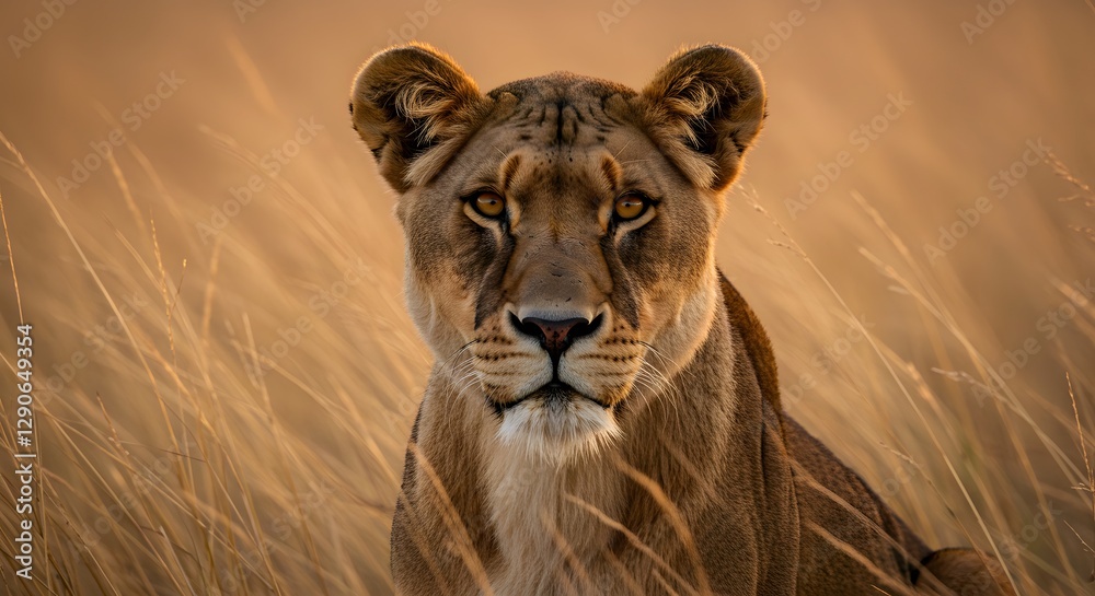Obraz premium Majestic Lioness in Golden Grassland: A Stunning Wildlife Portrait