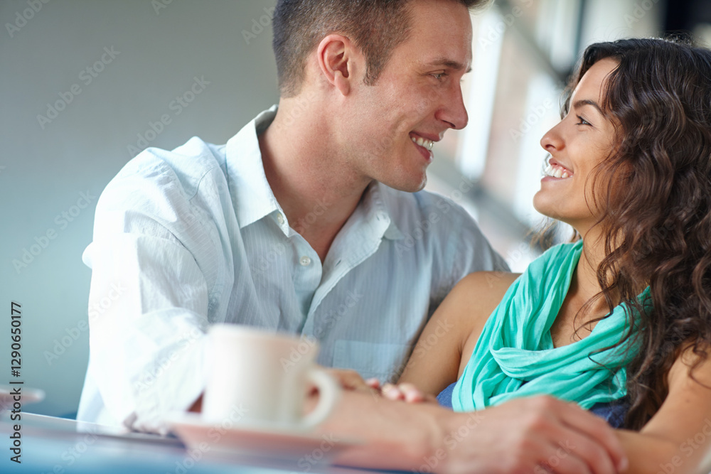 Couple, embrace and love at cafe with talk, bonding or eye contact with happy memory in morning. Man, woman and support with conversation, drinks or tea with smile, loyalty and trust at restaurant Couple, embrace and love at cafe with talk, bonding or eye contact with happy memory in morning. Man, woman and support with conversation, drinks or tea with smile, loyalty and trust at restaurant