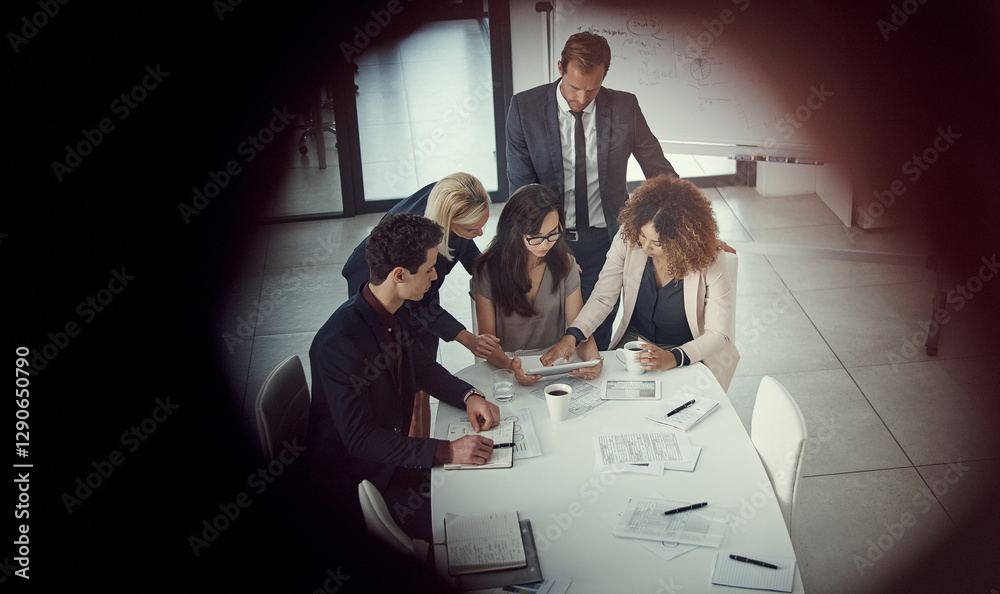 Naklejka premium Meeting, tablet and business people with documents for planning, analysis or online research. Office, collaboration and workers with tech, paperwork and report for teamwork and project management