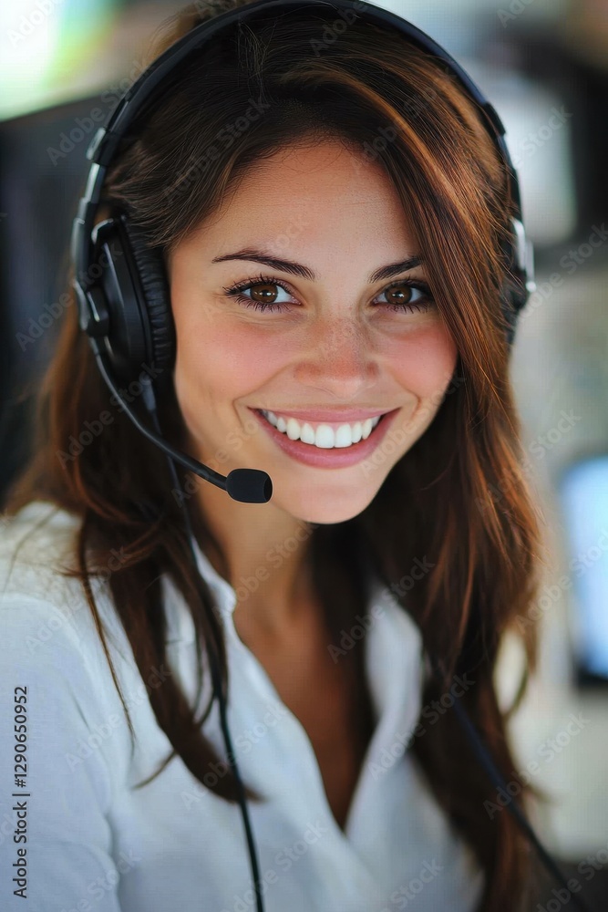 Cheerful female call center agent with headphones providing exceptional customer service and support. Cheerful female call center agent with headphones providing exceptional customer service and support.