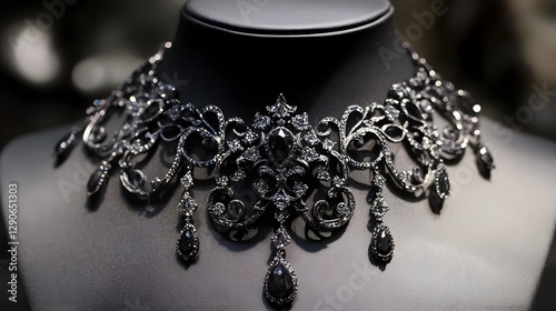A stunning choker necklace with black diamonds and intricate gothic detailing