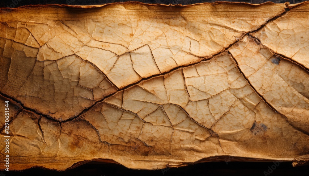 Obraz premium Extreme close-up of ancient parchment, showcasing cracks and faded ink, highlighting the delicate texture and timeworn details of the aged document.