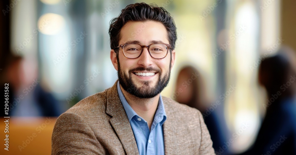 Obraz premium Smiling man with glasses wearing a blazer, showcasing confidence and warmth in a professional setting, ideal for business and lifestyle imagery