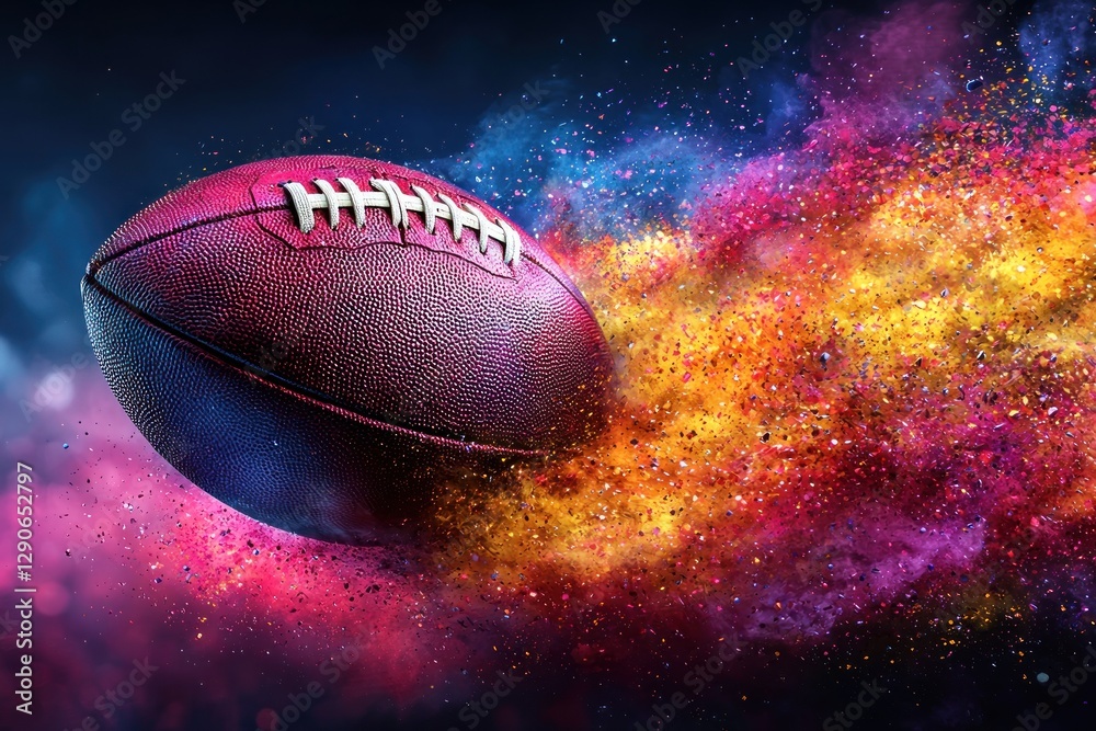 American football in motion, surrounded by vibrant, colorful powder explosion. American football in motion, surrounded by vibrant, colorful powder explosion.