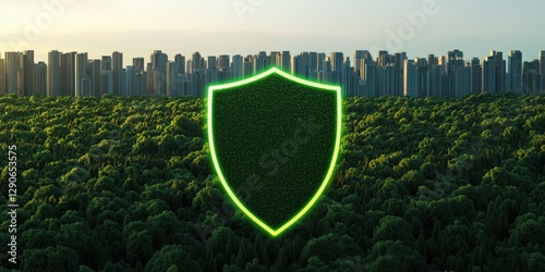 protect prevention policy concept. Urban skyline with a green shield symbolizing environmental protection.