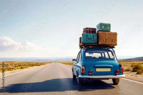 Vintage Blue Car Driving on Open Road with Stacked Luggage, Scenic Landscape under Clear Sky and Soft Clouds, Adventure, Freedom, Journey