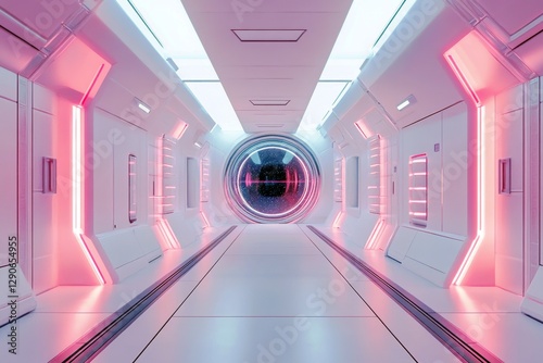 Futuristic sci-fi corridor with glowing pink lights and circular portal creating a vibrant and imaginative space in a high-tech environment