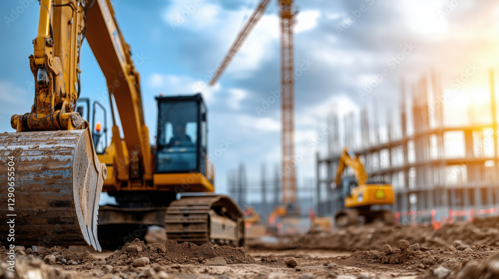 Construction site with excavator and crane under cloudy sky, heavy machinery working on new building project, dirt and gravel in foreground Construction site with excavator and crane under cloudy sky, heavy machinery working on new building project, dirt and gravel in foreground