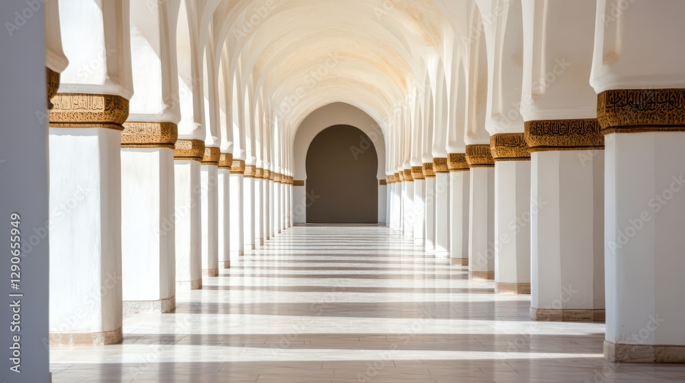 Serene Architecture of an Elegant Hallway with Arched Columns Serene Architecture of an Elegant Hallway with Arched Columns