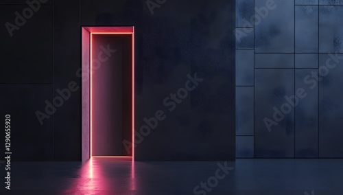 Neon door opening in dark modern interior