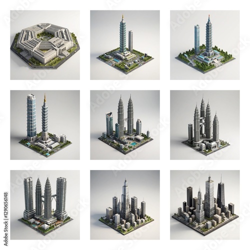 Isometric collection showcasing famous building landmarks. A diverse set of architectural structures representing iconic buildings.