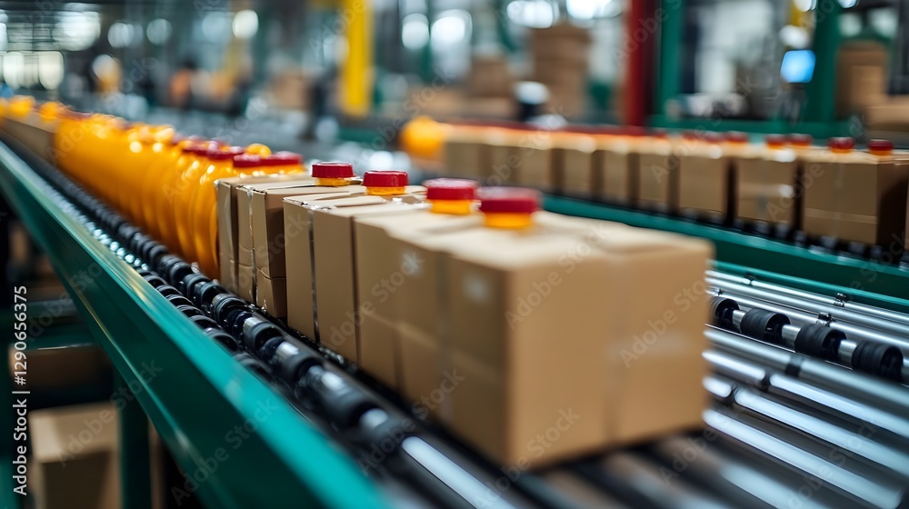 Fototapeta premium Automated Packaging Line Cardboard Boxes and Bottles on Conveyor Belt in Factory