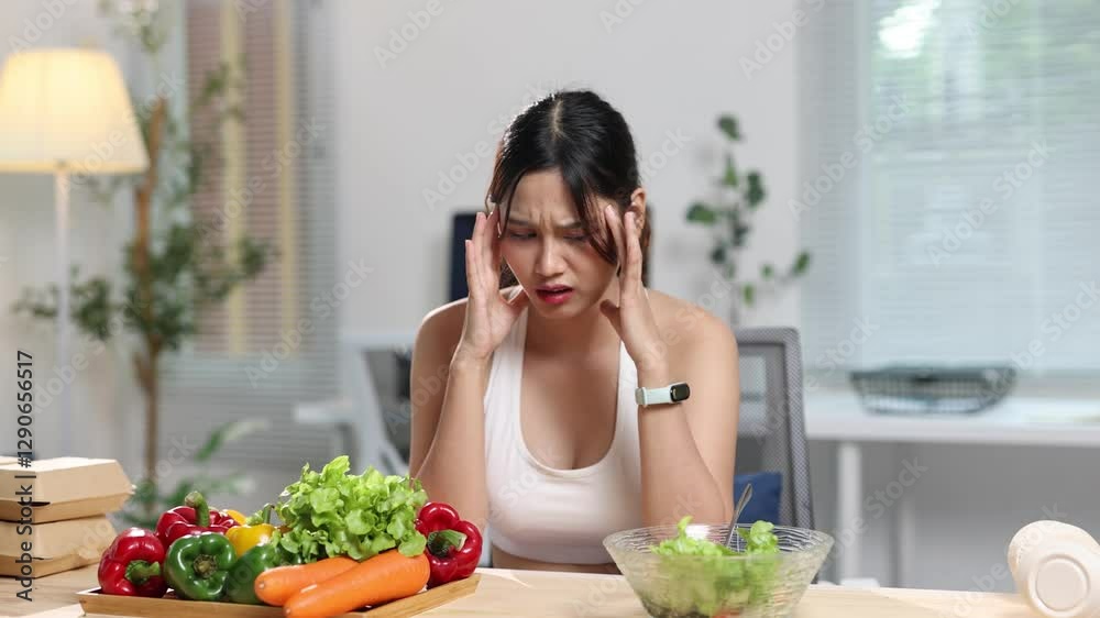 A young Asian woman who eats vegetable salad every day is bored with vegetables. Unhappy women is on dieting time looking vegetable on the fork. girl do not want to eat vegetables and dislike taste. A young Asian woman who eats vegetable salad every day is bored with vegetables. Unhappy women is on dieting time looking vegetable on the fork. girl do not want to eat vegetables and dislike taste.