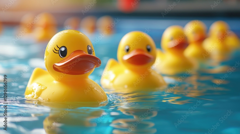Bright yellow rubber ducks floating in a sunlit pool with bokeh effect