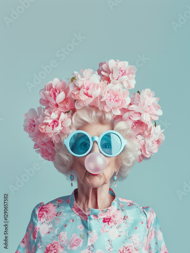 A happy grandmother is blowing a bubble gum bubble in a floral pattern, rejoicing in spring and summer.