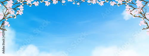 Spring banner,Sky Blue,Cloud ,Blossom Cherry branches,Vector Pink Sakura flowers Border Frame against Sky, Cloudy with copy space for Easter Product Design Background,Cartoon Beauty Nature Background