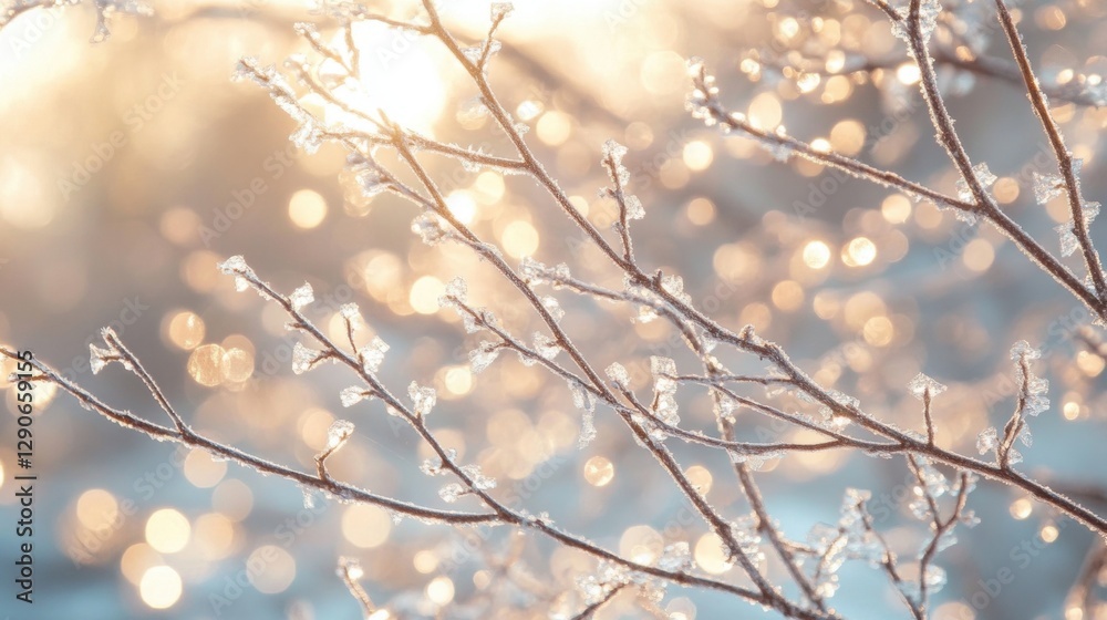 Delicate frost clings to tree branches, twinkling like tiny diamonds in the warm winter glow. Delicate frost clings to tree branches, twinkling like tiny diamonds in the warm winter glow.