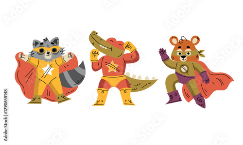 Animal Characters Superhero Dressed in Mask and Cape or Cloak Vector Set