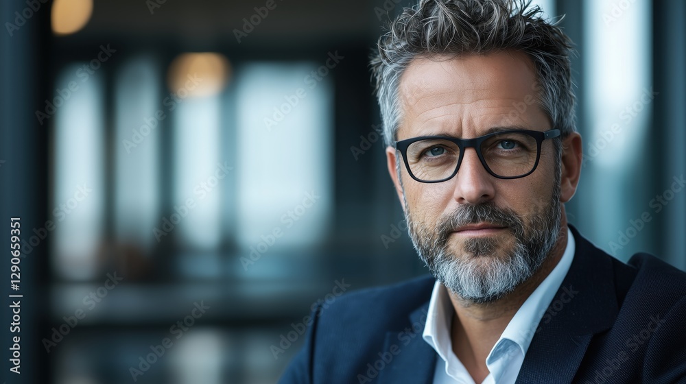 Fototapeta premium Confident middle-aged businessman with glasses in a modern office setting, showcasing professionalism and expertise in a corporate environment