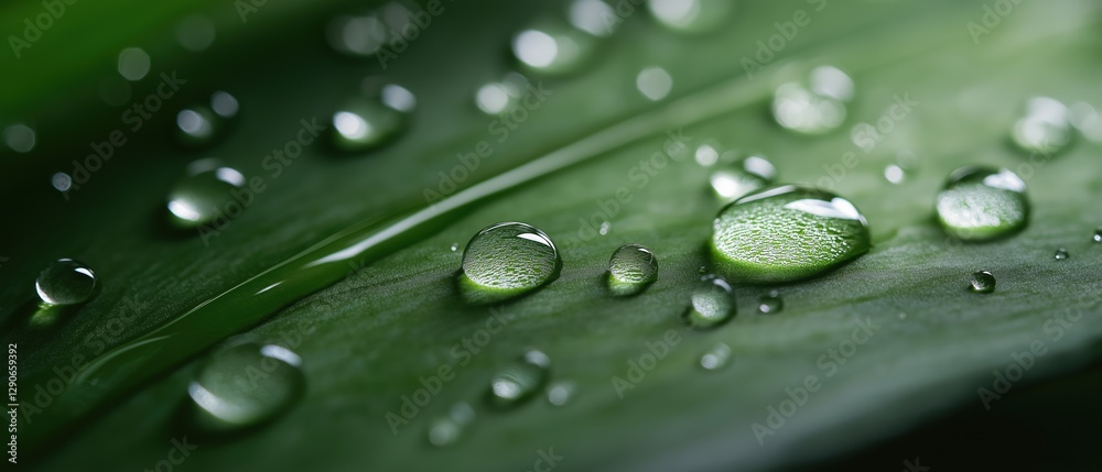 Close-up of a green leaf with multiple droplets of water on it. the droplets are glistening in the light and are scattered across the leaf, creating a beautiful pattern. Close-up of a green leaf with multiple droplets of water on it. the droplets are glistening in the light and are scattered across the leaf, creating a beautiful pattern.