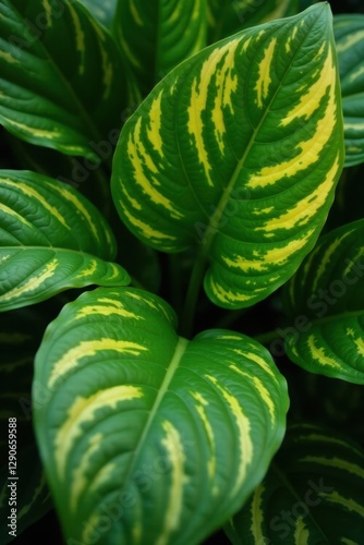 Deep green Hosta leaves with yellow and white variegation , perennial, leaves photo