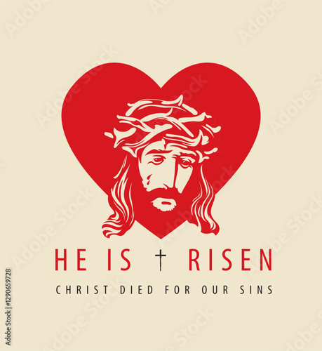 Easter banner or greeting card with portrait of crying Jesus Christ wearing crown of thorns against sign red heart. Vector illustration on religious theme with Son of God