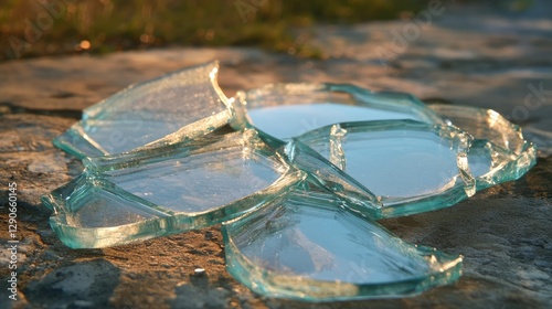 Broken mirror shards reflecting distorted images, scattered on a dusty surface.