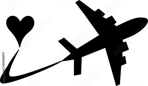 Plane flying with a animated airflow into a heart, vector drawing unique aviation love tattoo design