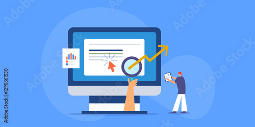 Man holding tablet analysing website traffic and SEO performance growth report, e-business concept.