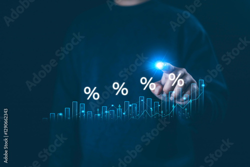 Interest rate and mortgage rates concept. Businessman showing percentage graph and the rate increases, Mortgage interest rate growth, increasing interest, percent