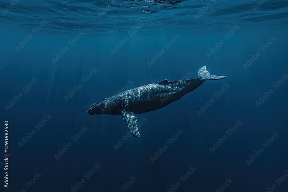Fototapeta premium Majestic whale glides through serene, deep blue waters, illumina