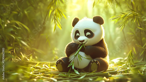 A playful depiction of a panda eating bamboo photo