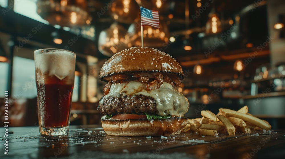 A burger with a bun, beef patty, cheese, bacon, and tomato on a wooden table with fries and a glass of soda. A burger with a bun, beef patty, cheese, bacon, and tomato on a wooden table with fries and a glass of soda.