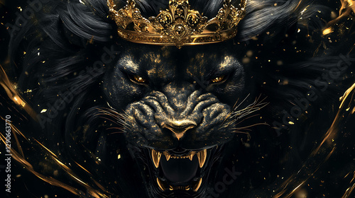 A striking black-and gold design of a roaring lion