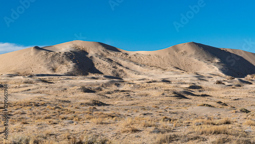 An expansive view of sandy dunes illuminated by the bright blue sky, emphasizing the simplicity and beauty of the natural desert landscape, inviting exploration.