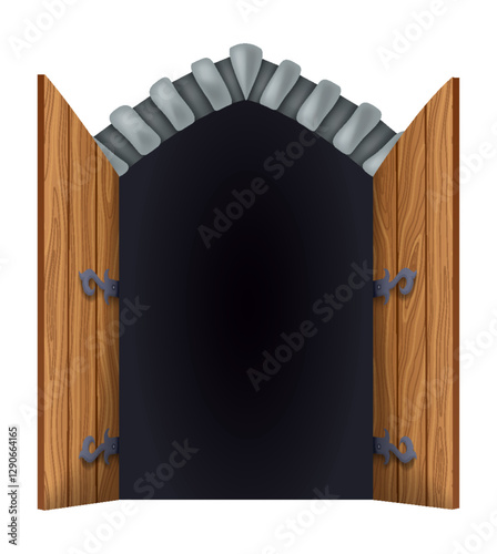 Medieval gate, open. Castle medieval door. Cartoon ancient fortress wooden gate or tower arch door. Stone arch with metal hinges for entry. Vintage city entrance, vector illustration